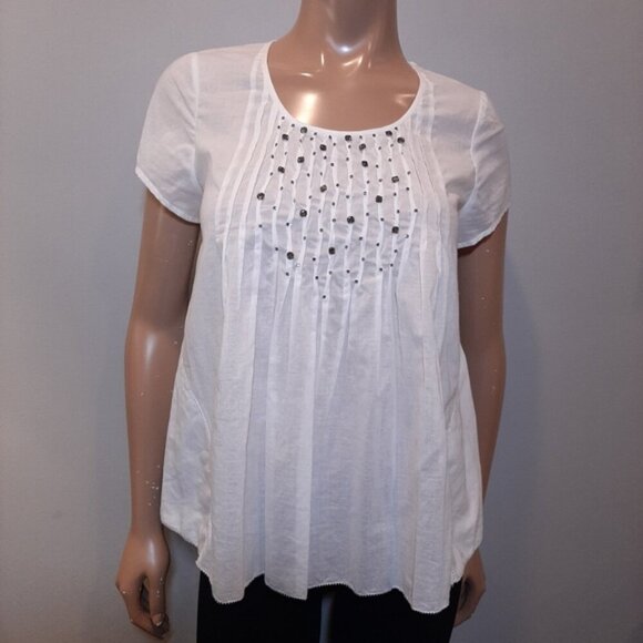 REBECCA TAYLOR Pintucked Blouse Short Sleeve Smoky Gem Embellished A-Line Top - Picture 14 of 14